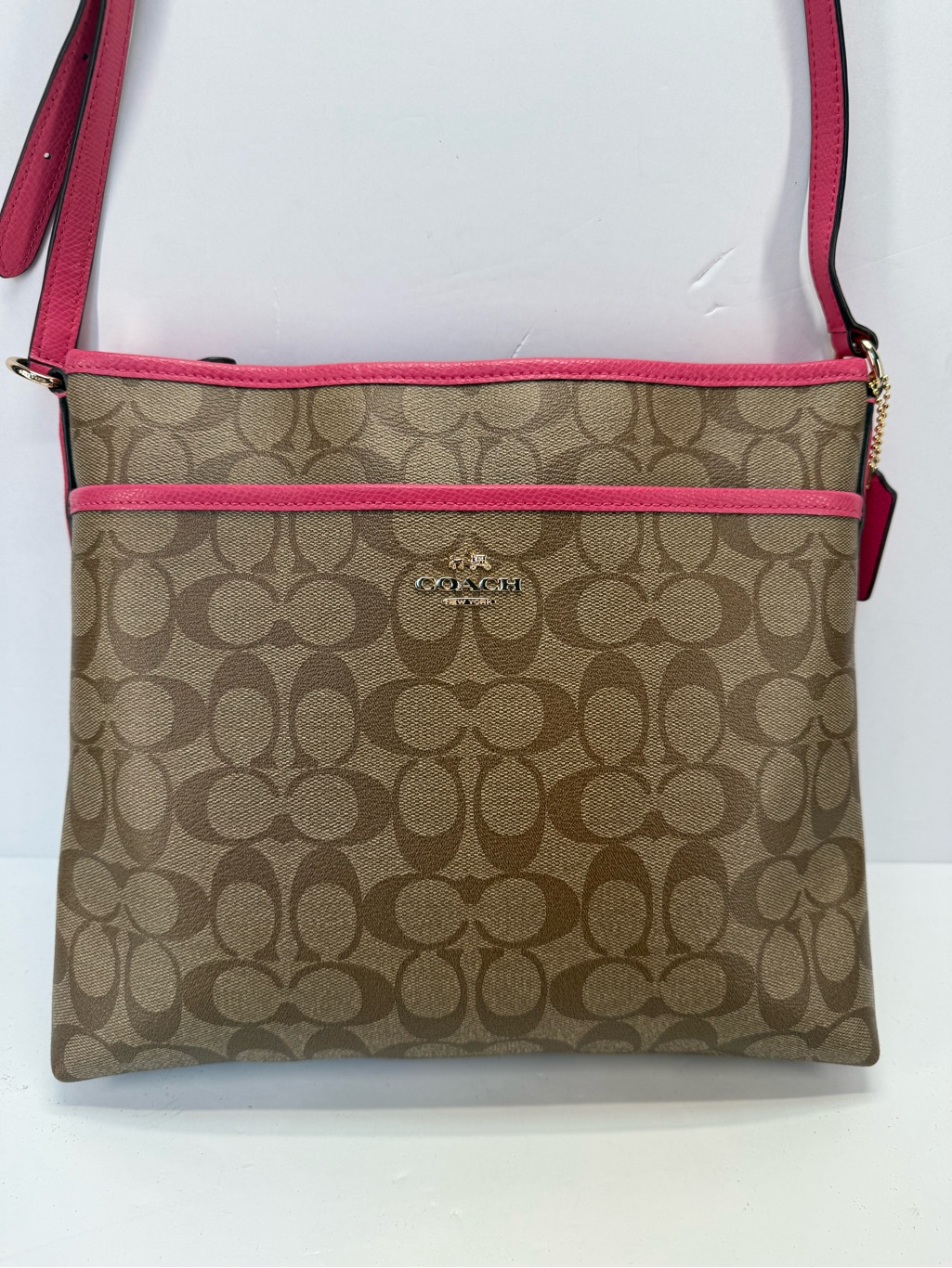 Coach Factory Outlet Brown Signature Sunset Costed Canvas Crossbody Pink Trim